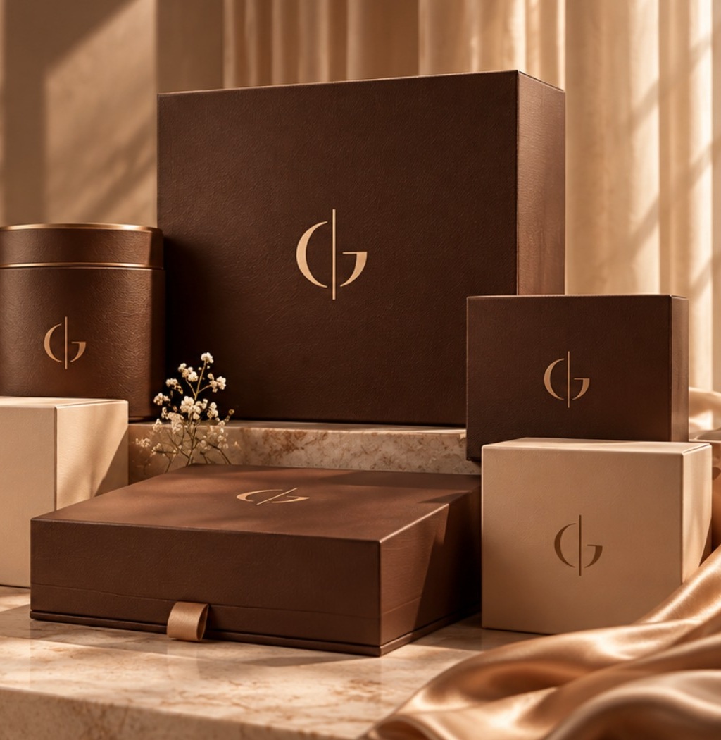 Elegant GULAVBAG boxes in warm brown and beige